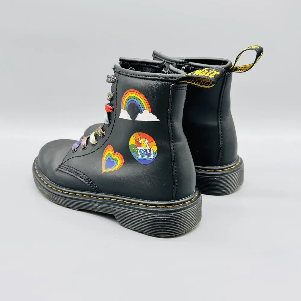 Dr. Martens Boots Youth 2 Black Rainbow Love Pride Stickers Lace Up 1460